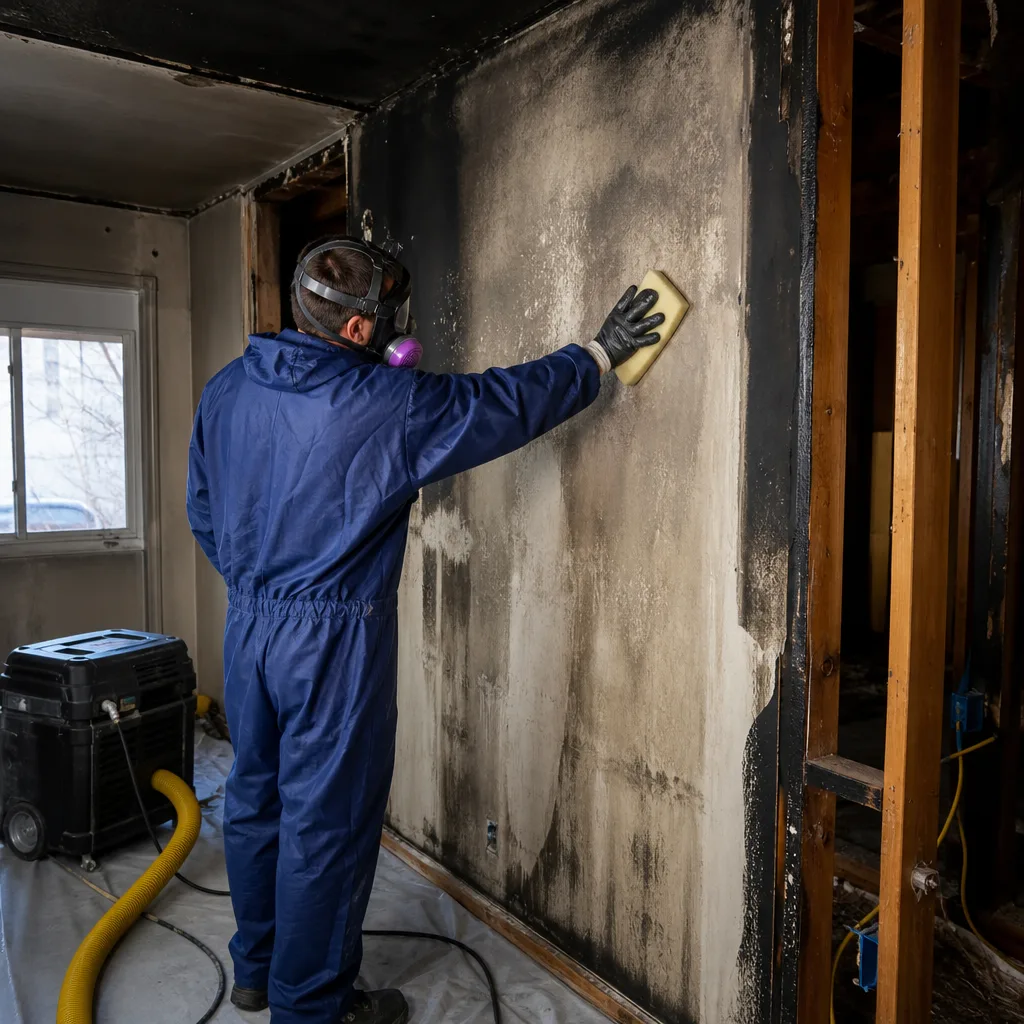 Technician cleaning fire and smoke damage from walls after a house fire