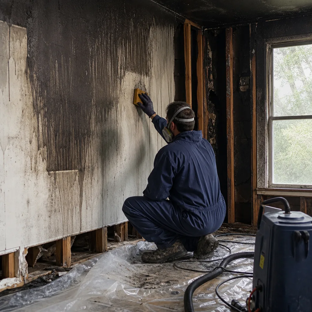 Professional fire and smoke damage restoration technician cleaning a soot-stained wall