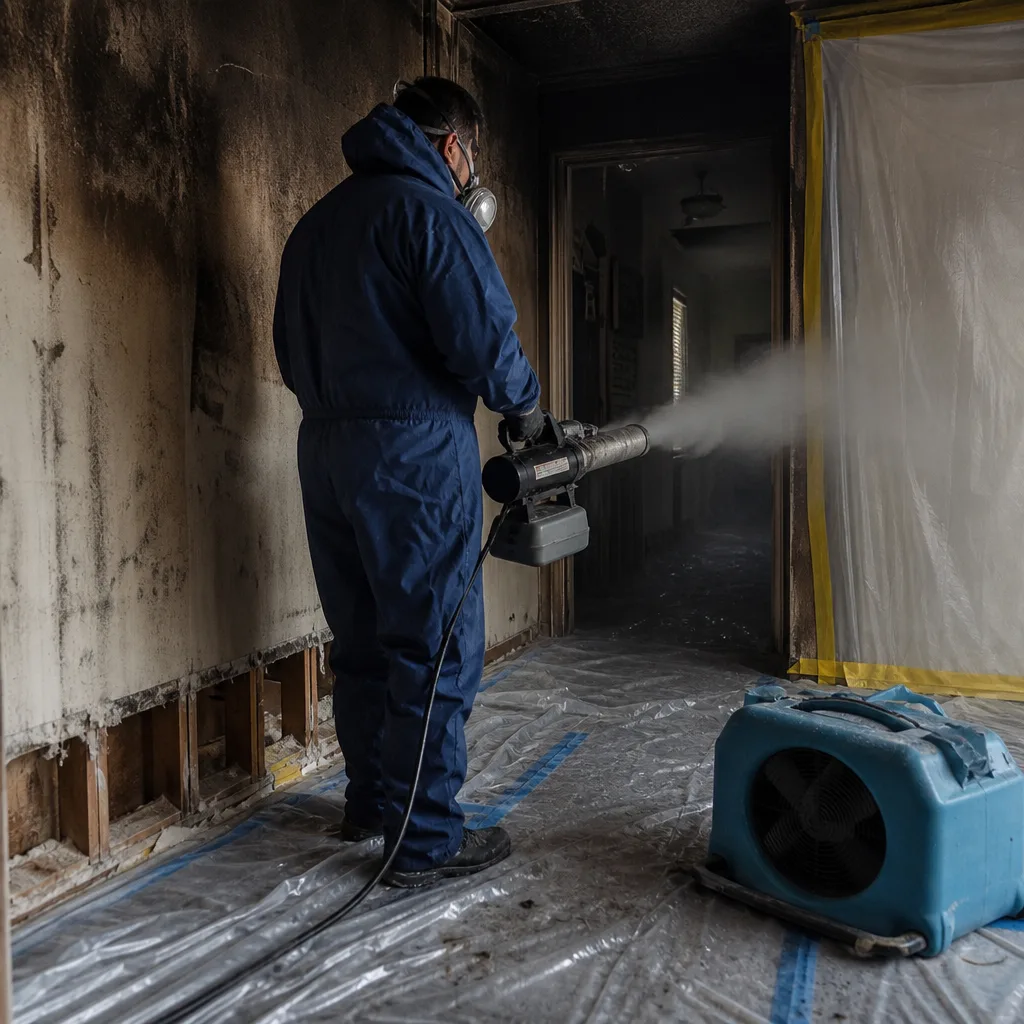 Technician using smoke odor neutralizer fogger in fire damaged home.
