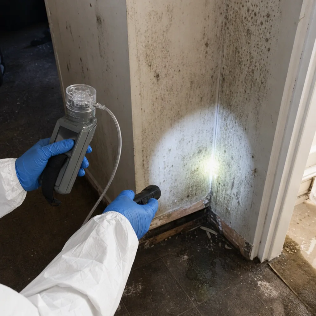 Technician performing professional mold remediation assessment in a damaged building