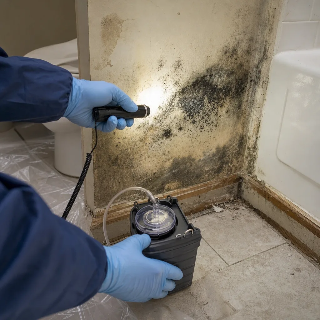 Technician using air sampling equipment to test for mold remediation