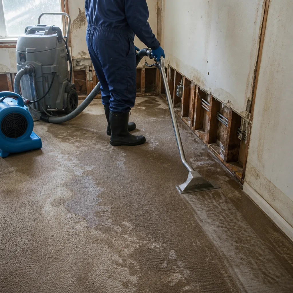 Water damage restoration professional using carpet extraction equipment on a flooded floor.