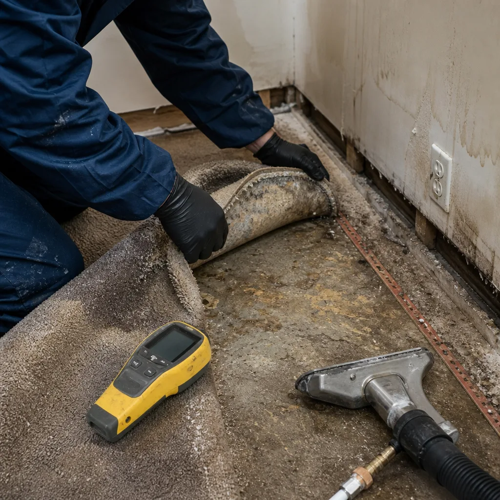 Technician inspecting water-damaged carpet and subfloor with a moisture meter